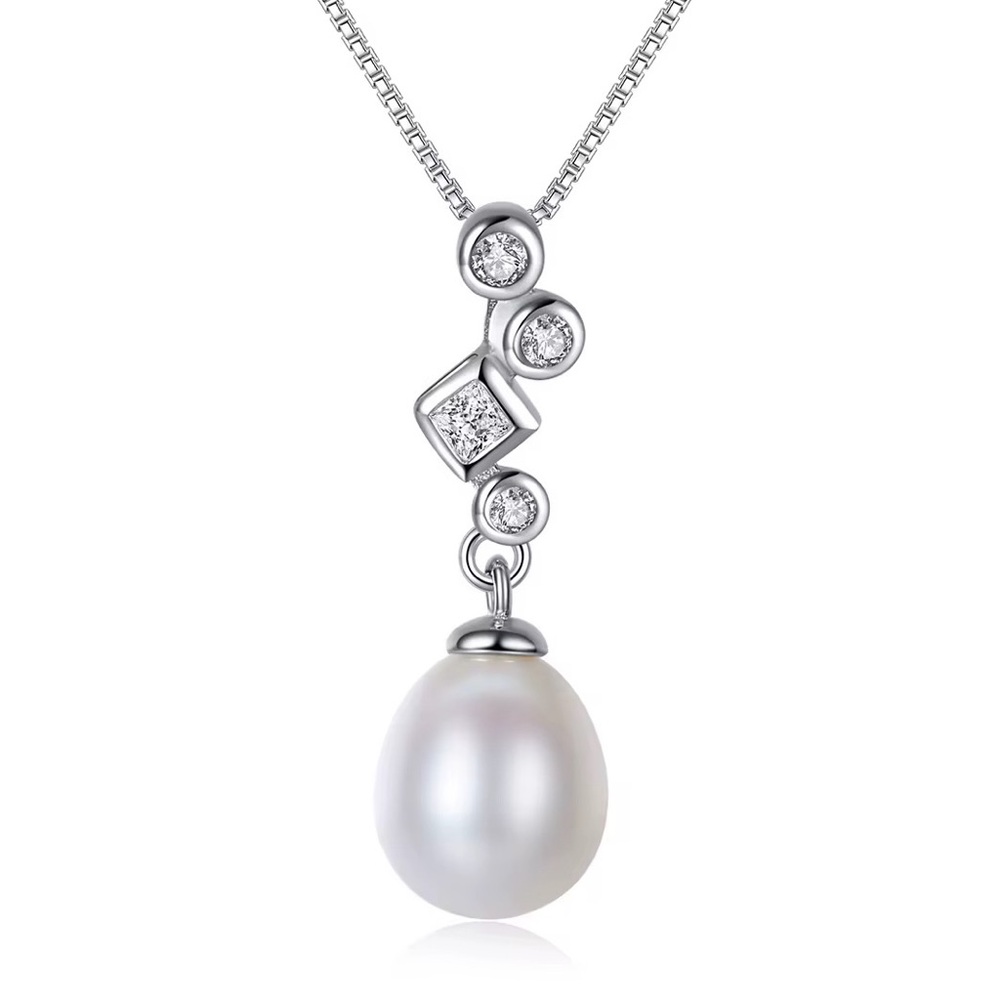 •Stunning S925 Silver Square& Circle Shape Pendant Necklace-Fine Oval Real Pearl